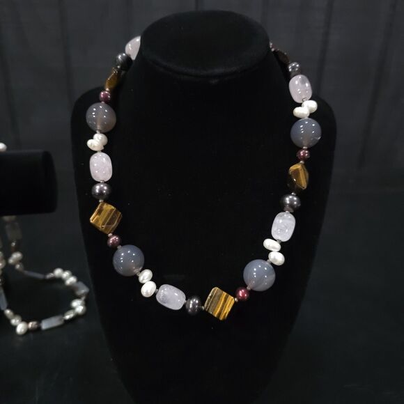 (4) Gemstone Agate Chunky Necklaces Set Statement Tigers Eye Pearls Rose Quartz - Picture 6 of 16